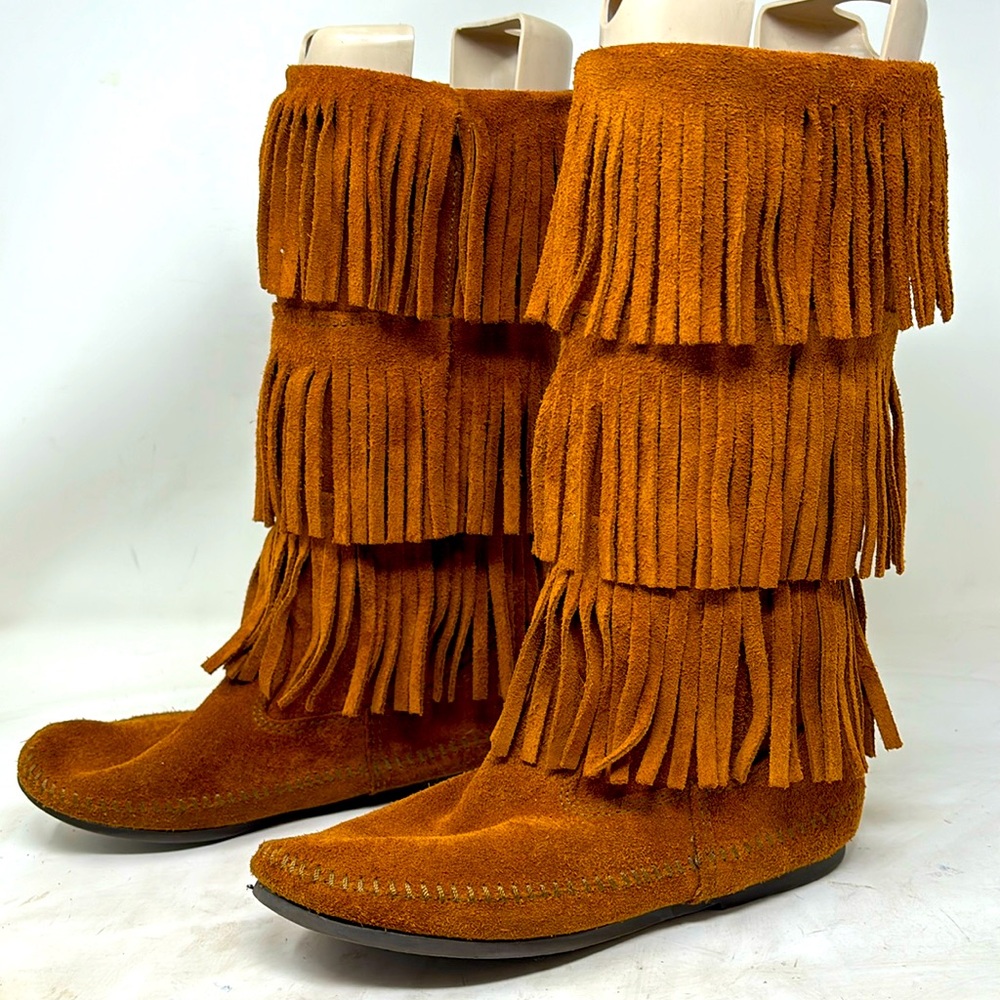 Minnetonka 3 Layer Fringe Boot Orange Suede Size 7 - image 1